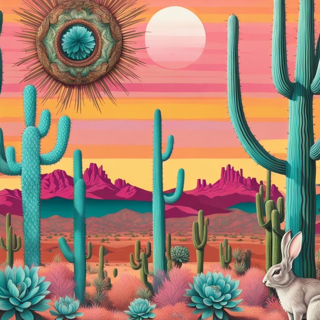 Hyperrealistic 3D Jackrabbit and Saguaro Cactus in Desert