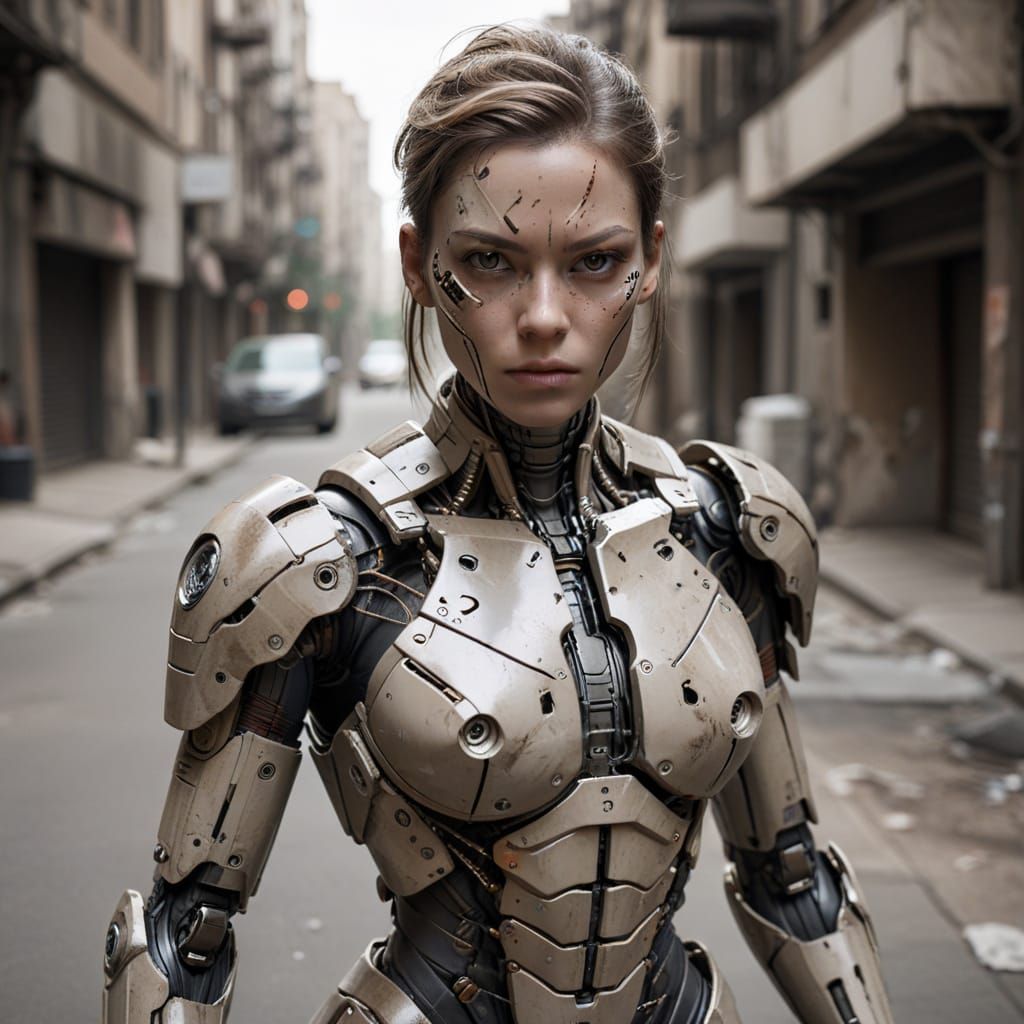 Female Cyborg Portrait in Grimy Taupe Setting