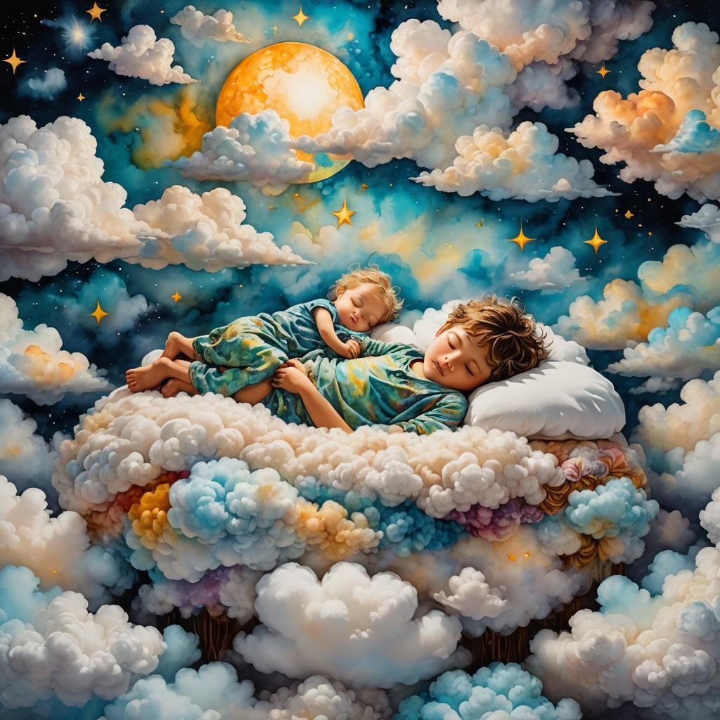 Child Sleeping on Clouds: Whimsical Mixed Media Dreamscape