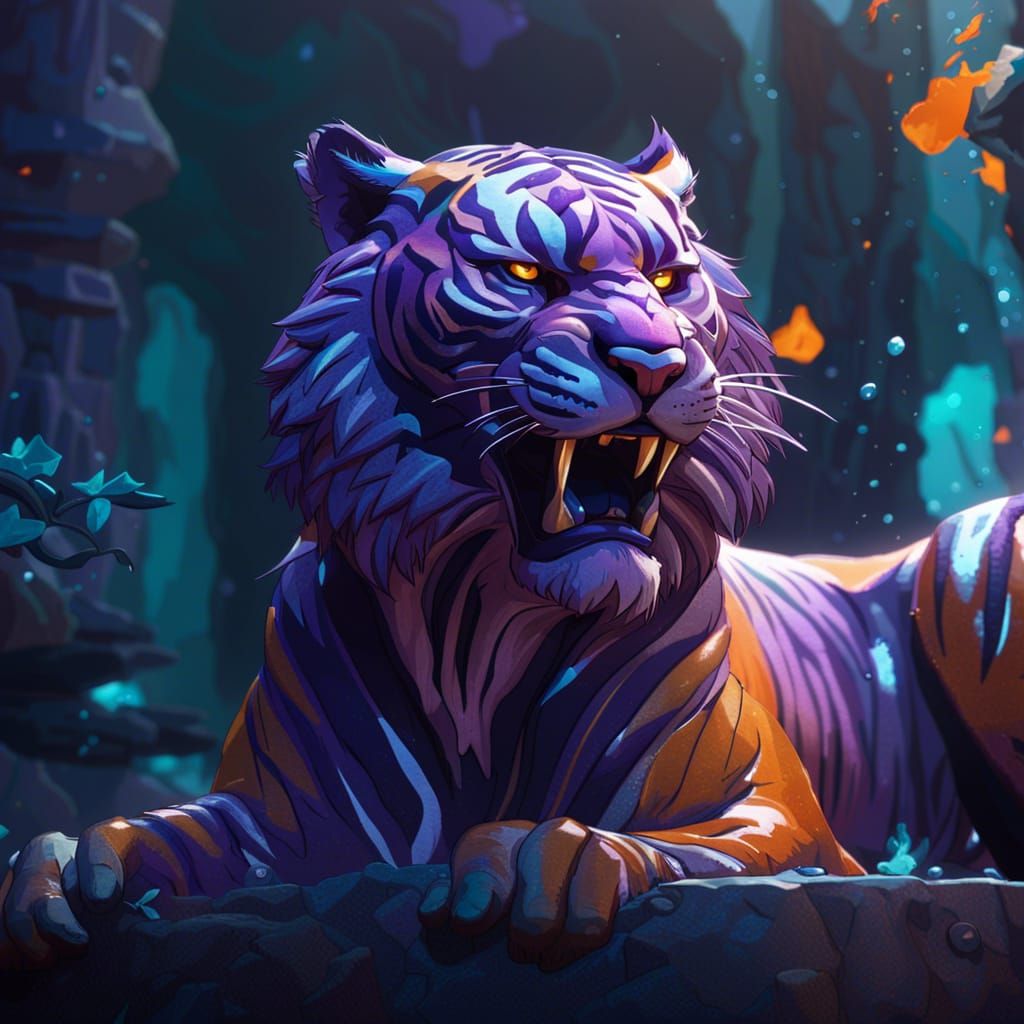 Purple Tiger Roaring: Hyperdetailed Art Nouveau Concept