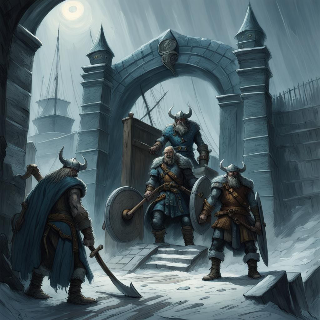 Viking Frost Giants Guarding City Gate in Horror Style