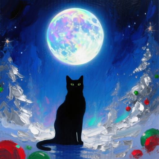 Surreal Black Cat Under Iridescent Christmas Moon