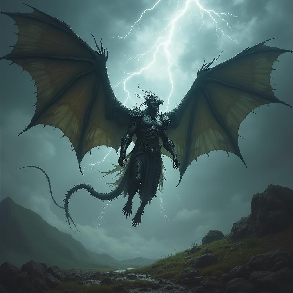 Armored Garudan Soaring Through Stormy Skies