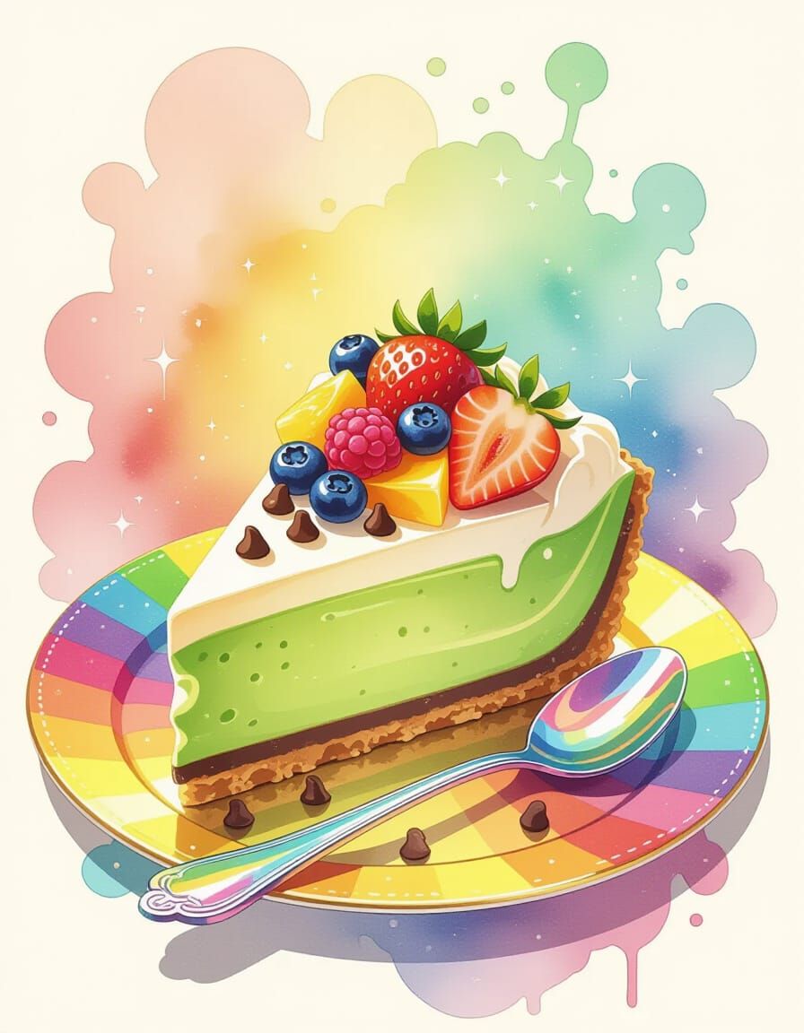 Matcha Cheesecake Slice on Rainbow Plate, Digital Art