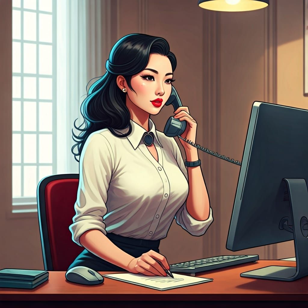 Elegant Asian Receptionist in Art Nouveau Style