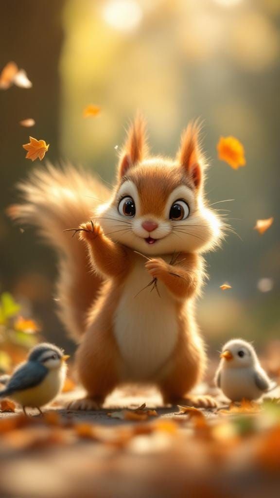 Squirrel Distracts Cat in Animated 3D Film Still