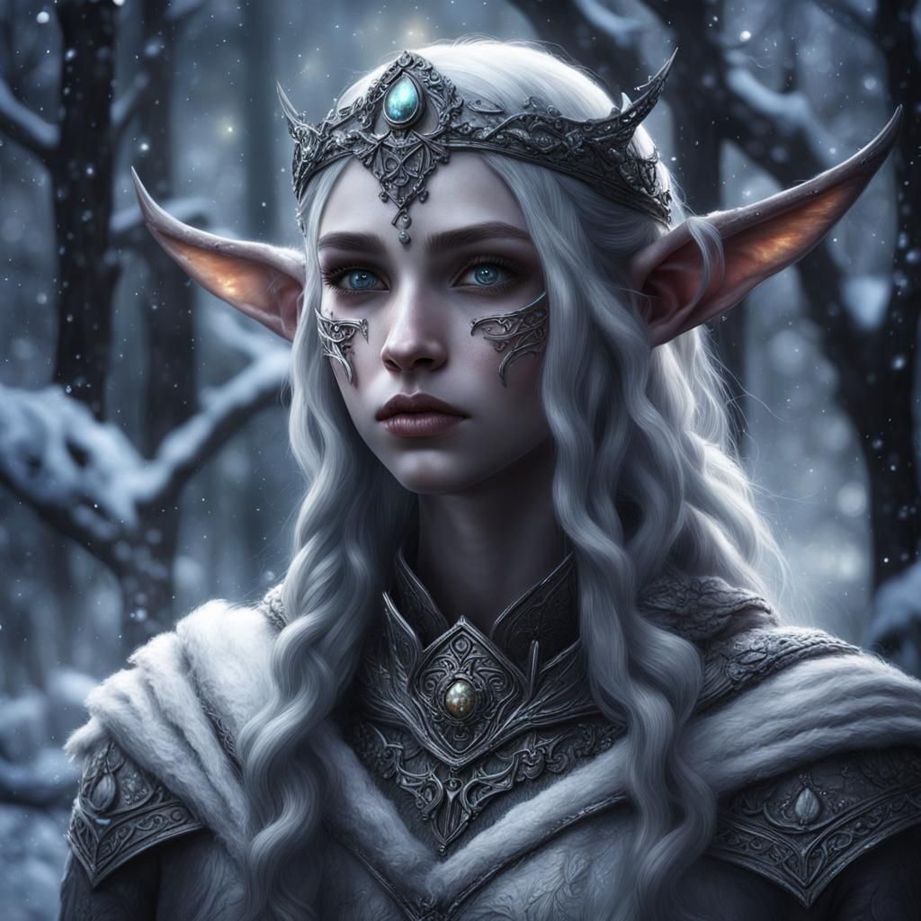 Elvish Figures in Darkwoods Snow Magic: Hyperrealistic