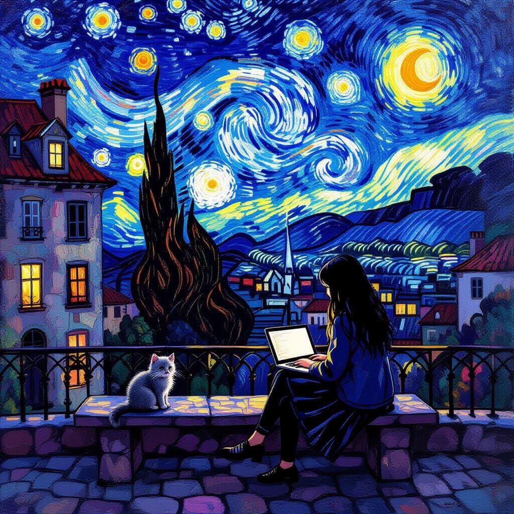 Girl and Kitten in Starry Cityscape, Van Gogh Style