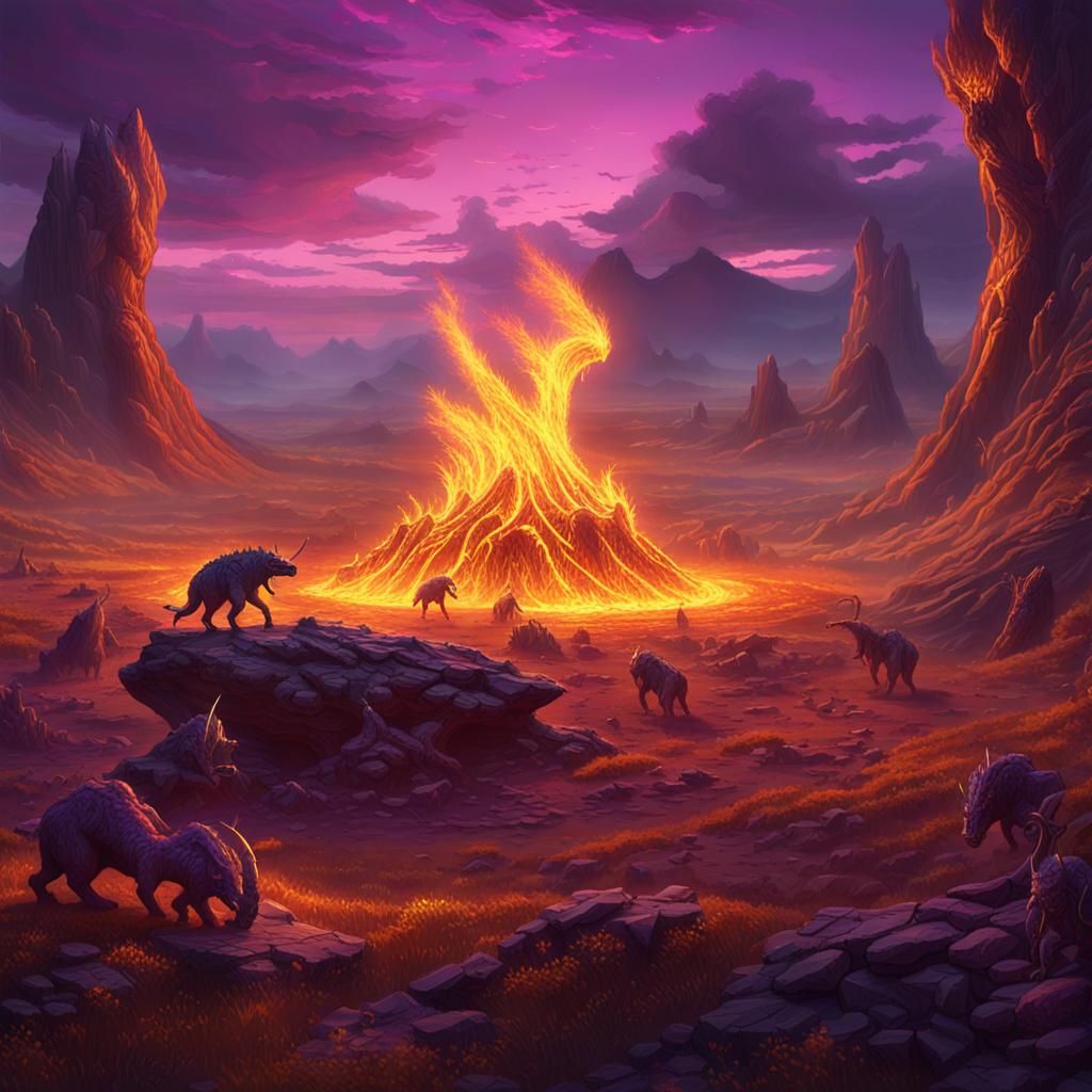 Mythical Creatures Dance: A Dark Fantasy Landscape