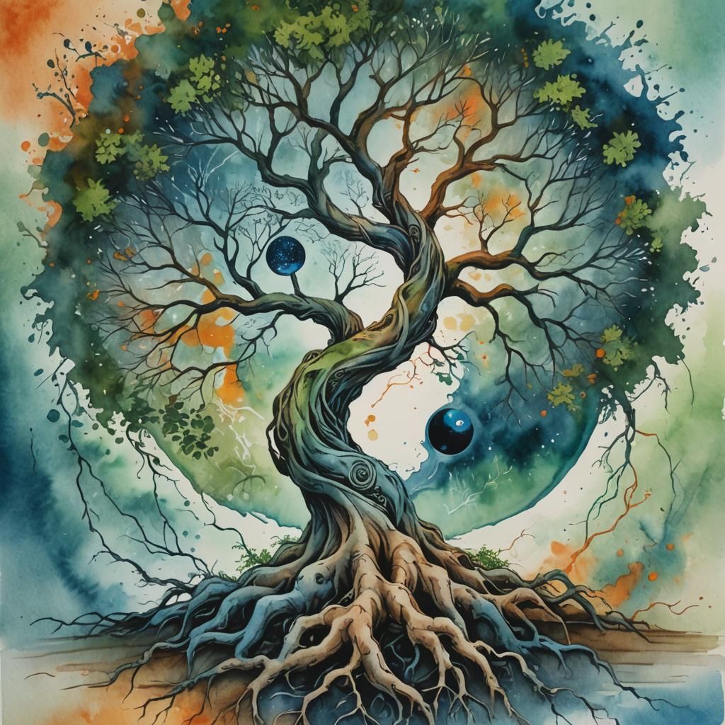 Yin Yang Tree of Life Watercolor Art