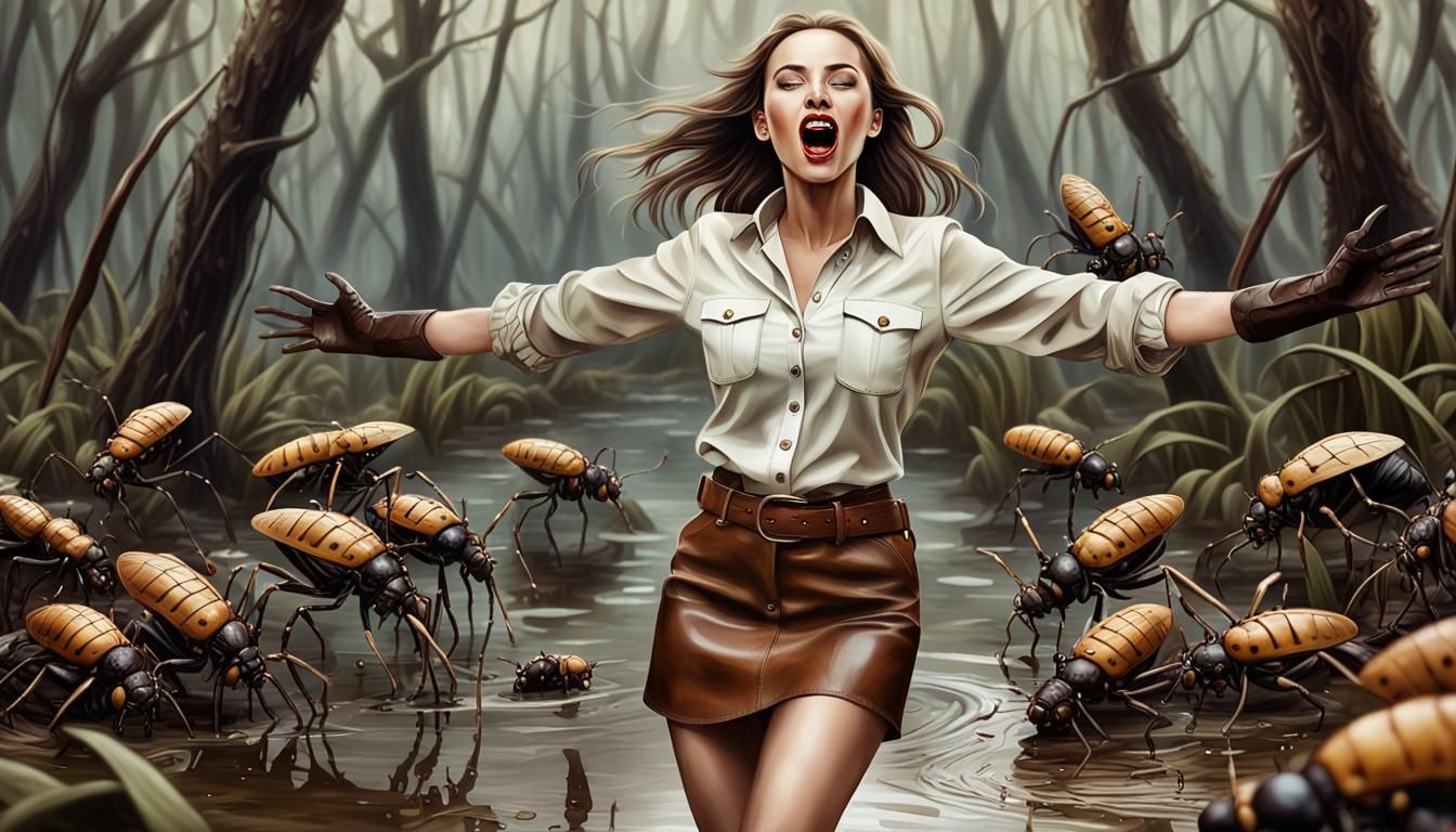 Woman in Swamp Surrounded by Wasps: Hyperrealistic Art