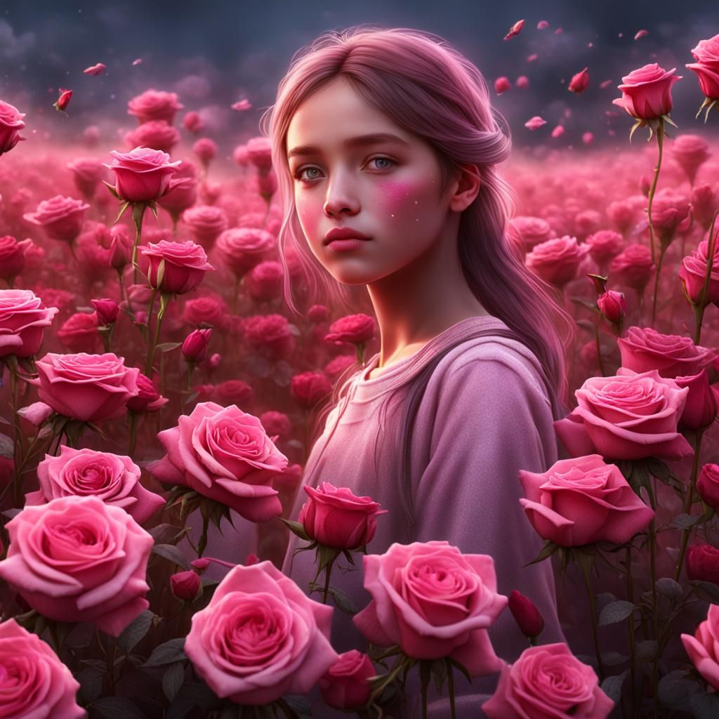 Girl Smelling Roses in a Detailed Matte Painting
