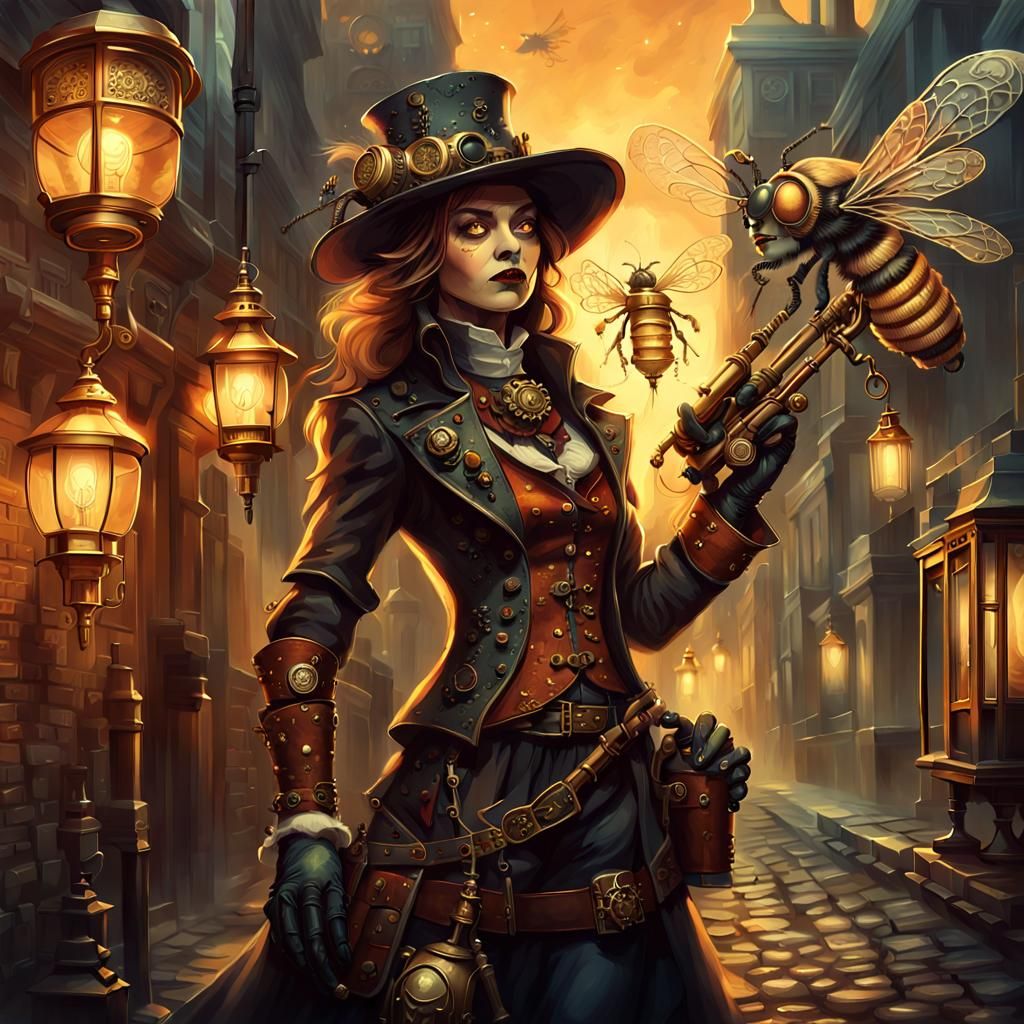 Steampunk Witch with Bee Rifle in Foggy Alley