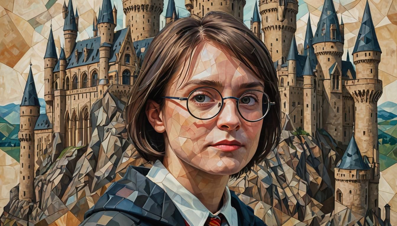 Cubist Portrait of Harry Potter with Hogwarts