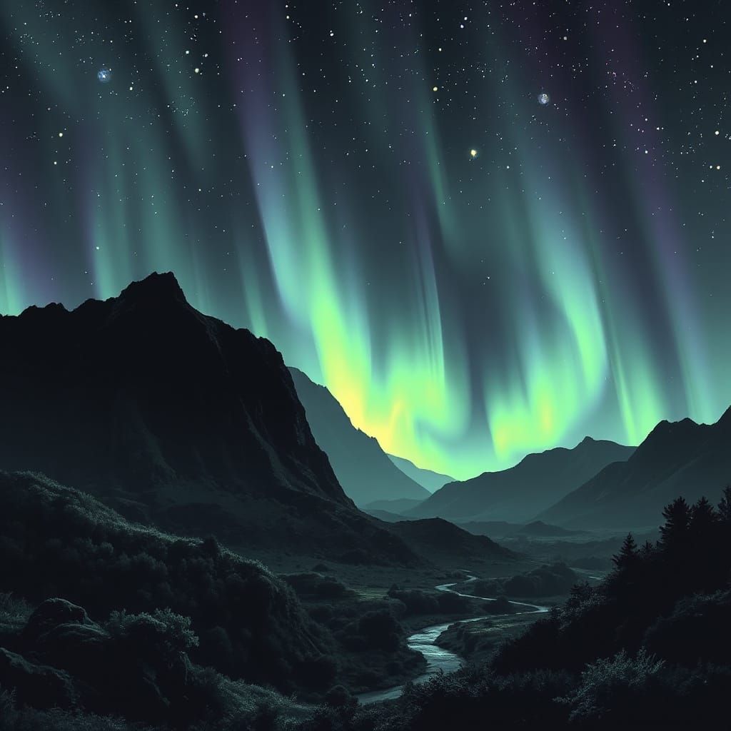 Lush Abstract Aurora Landscape in 8-bit Style