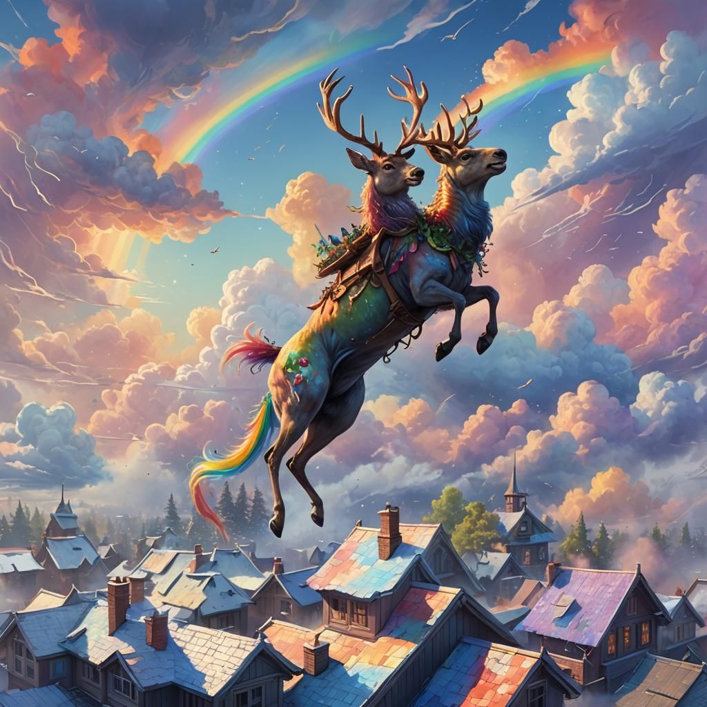 Rainbow Unicorn Reindeer Fantasy Art, Detailed Digital Paint...