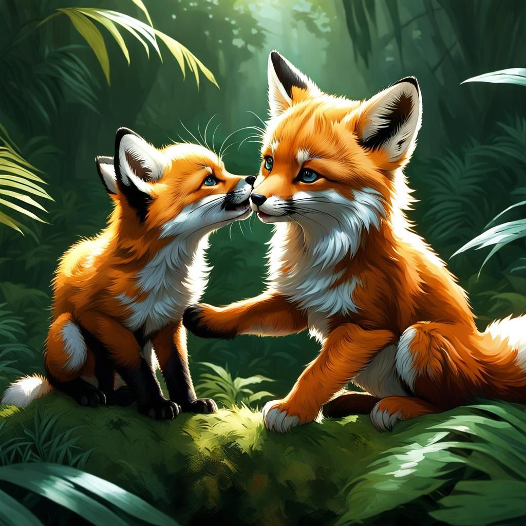 Adorable Baby Fox and Tiger in Jungle