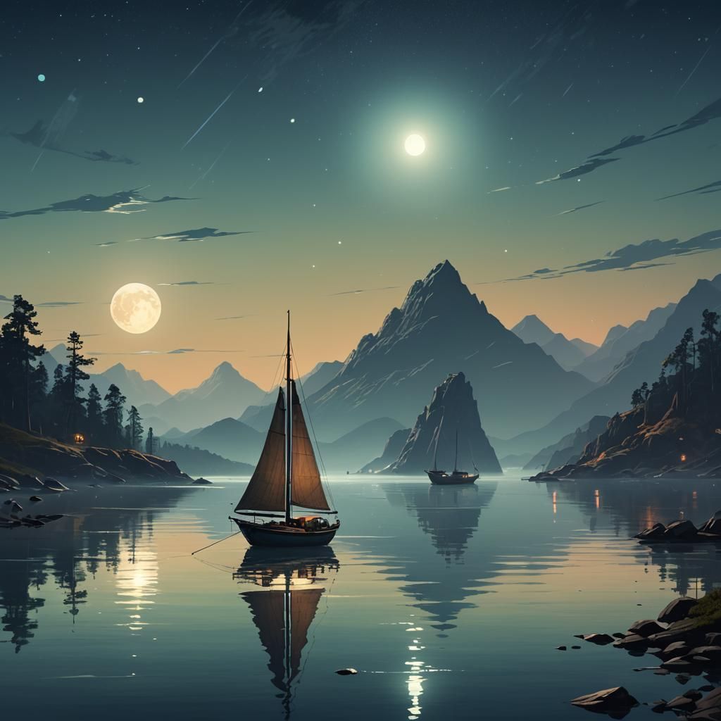 Tranquil Bay at Night: Fantasy Matte Painting