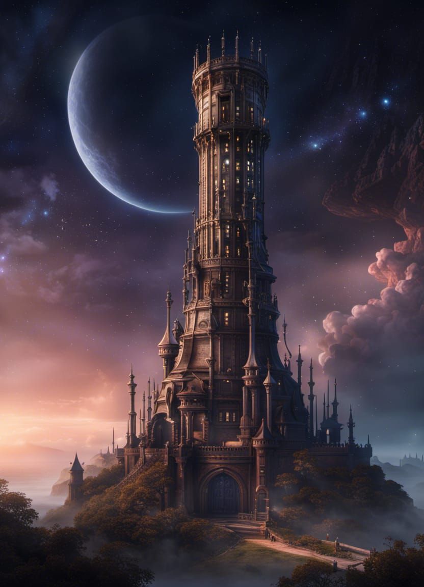 Magical Tower in Starry Night Sky