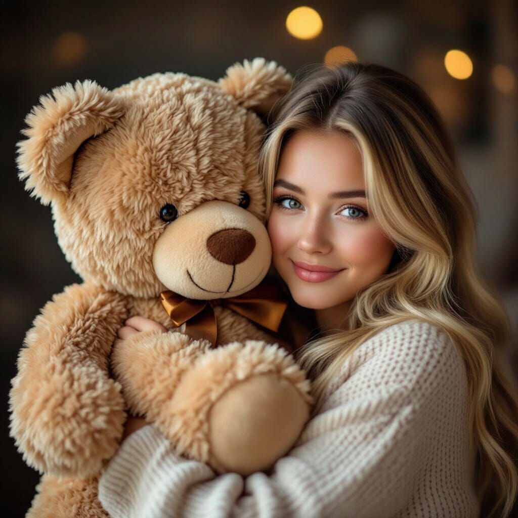 Blonde Girl Hugs Giant Teddy Bear in Warm Photo