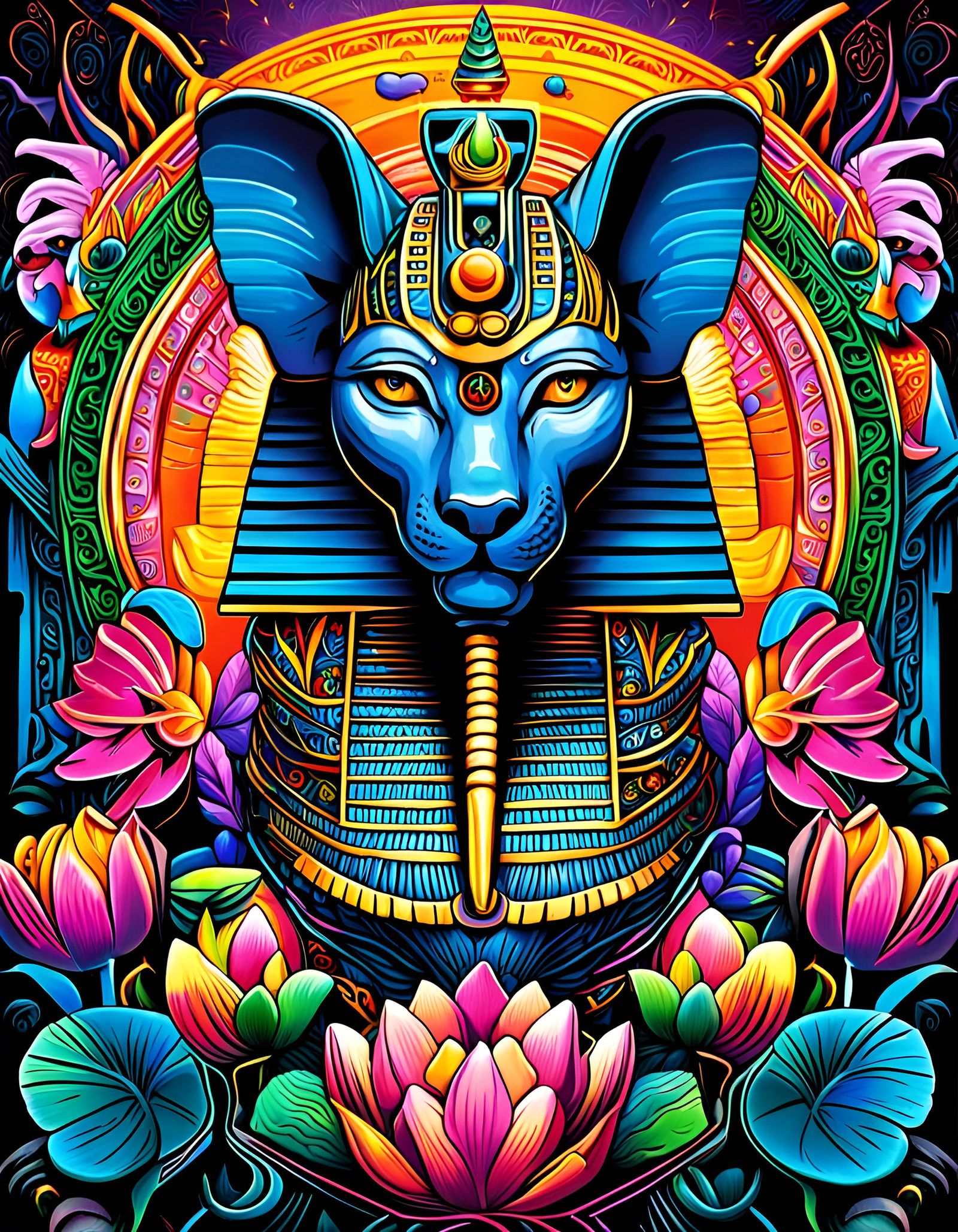 A maximalist psychedelic profile of a detailed Egyptian Sphi...