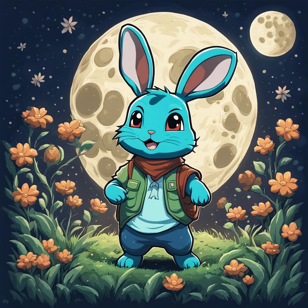 Cartoon Bunny Waving at Full Moon