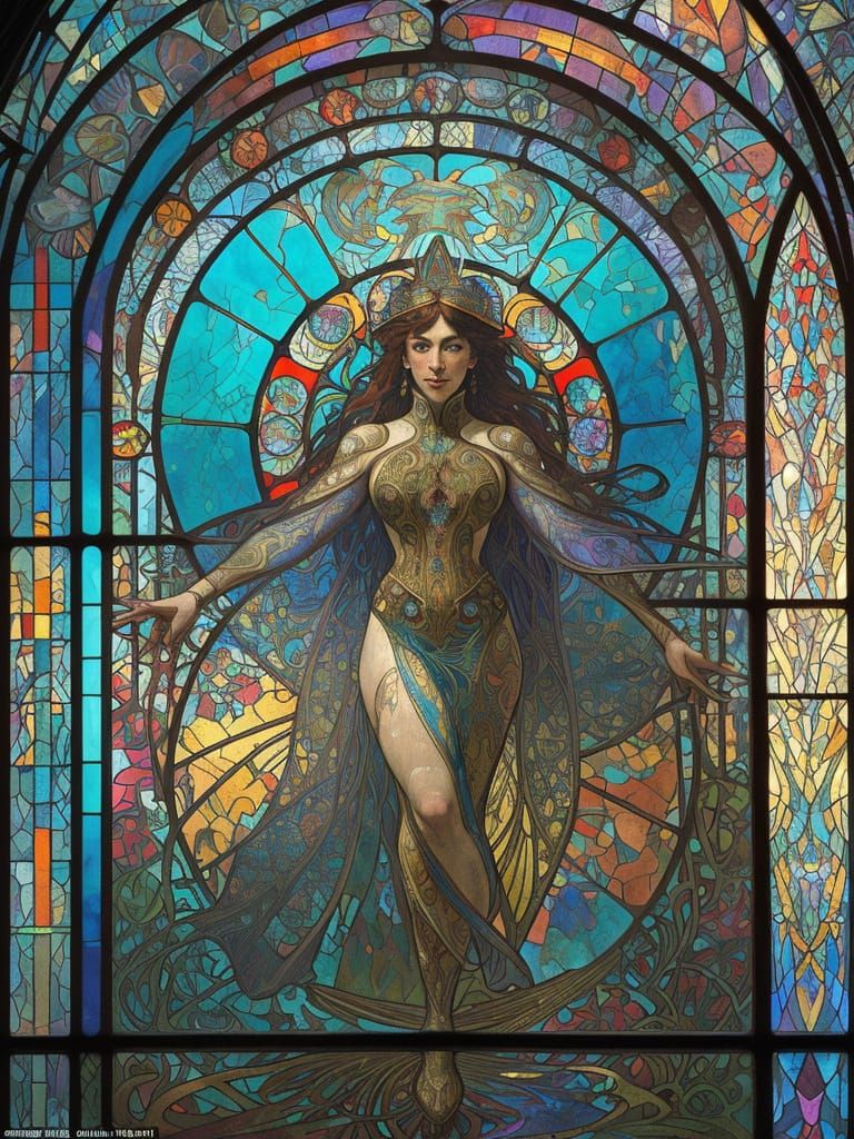 Underwater Life in Ornate Stained Glass Art Nouveau Style