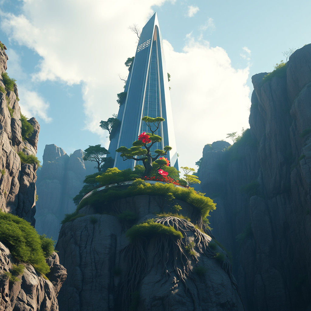 Photorealistic Skyscraper Merges with Cliffside in Dreamlike...