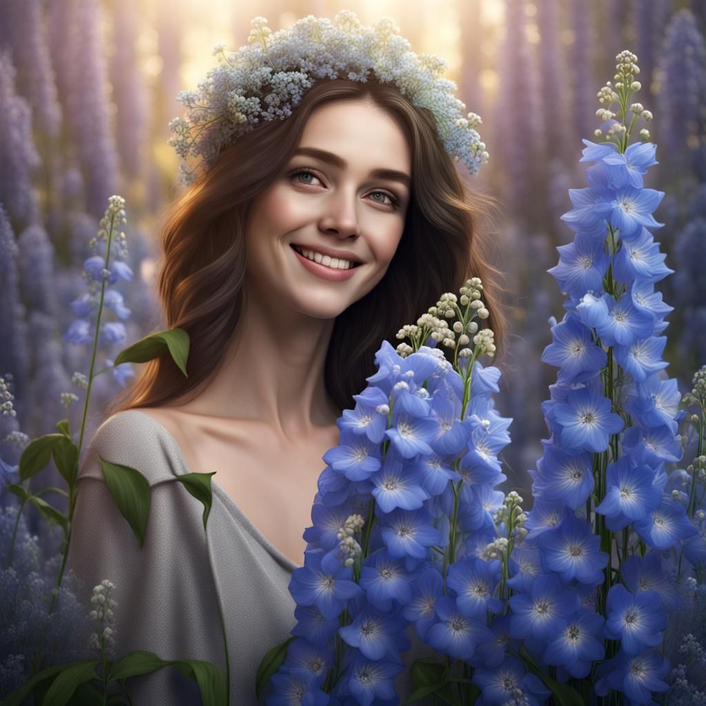 Floral Portrait of Thrilled Face in Detailed Matte Painting