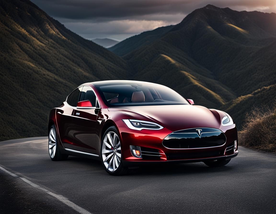 Tesla on Mountain Top: Automotive Advertisement Style