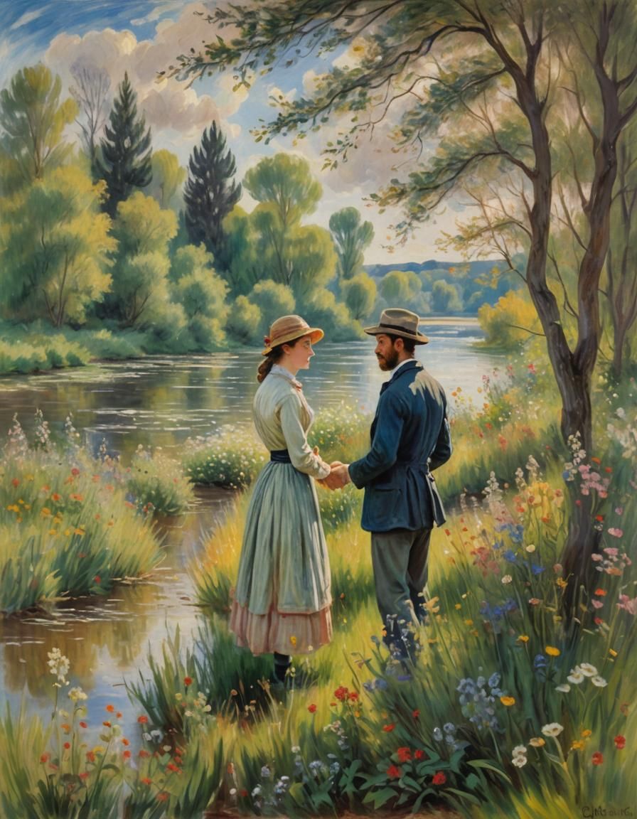 Impressionist Couple Conversing by Riverbank in Golden Light