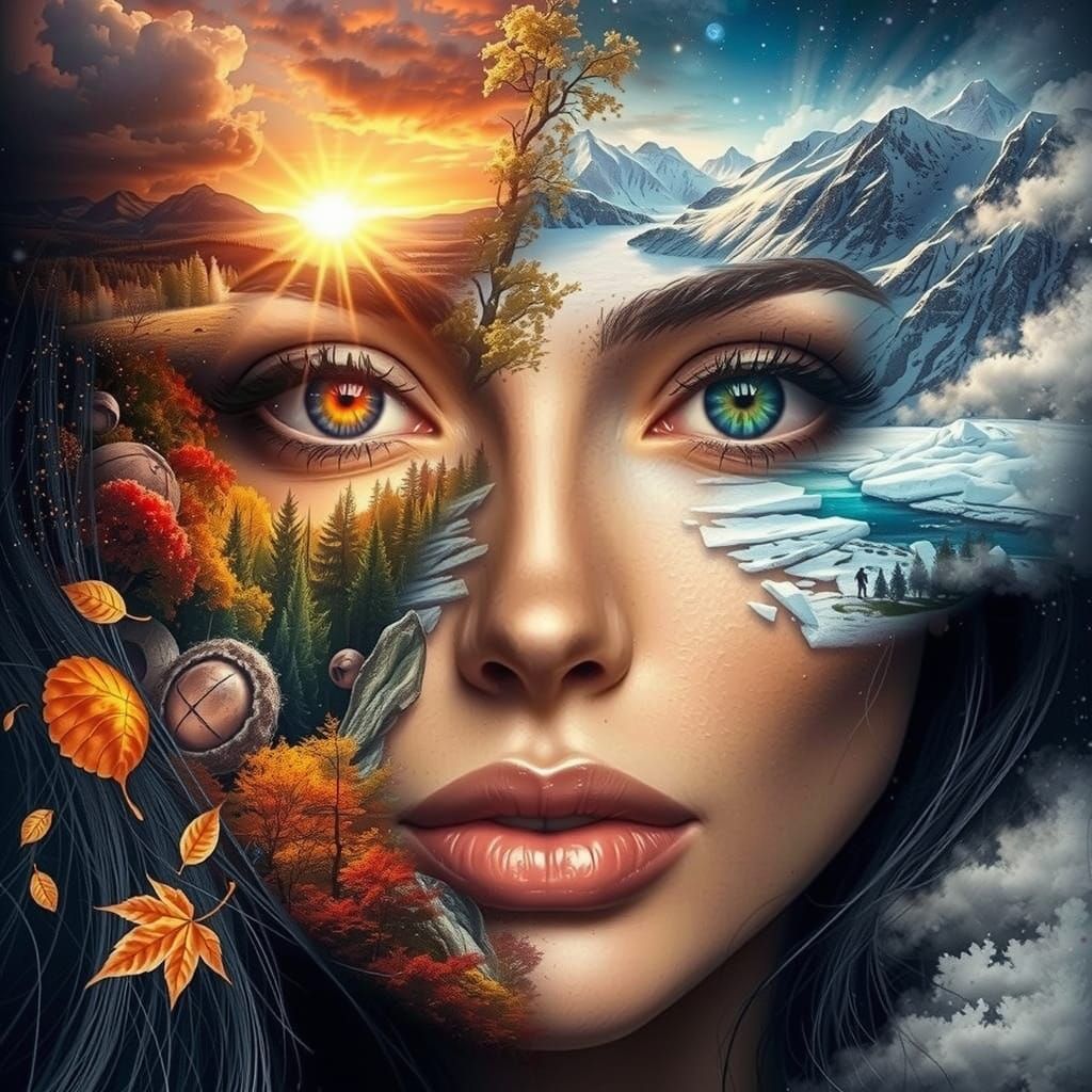 Surreal Portrait of a Woman with Contrasting Landscapes