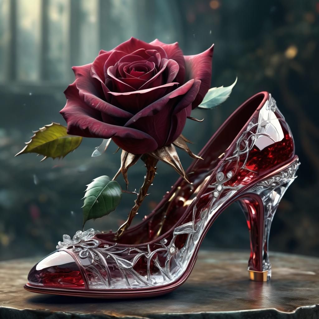Burgundy Rose in Crystal Slipper: A Digital Painting
