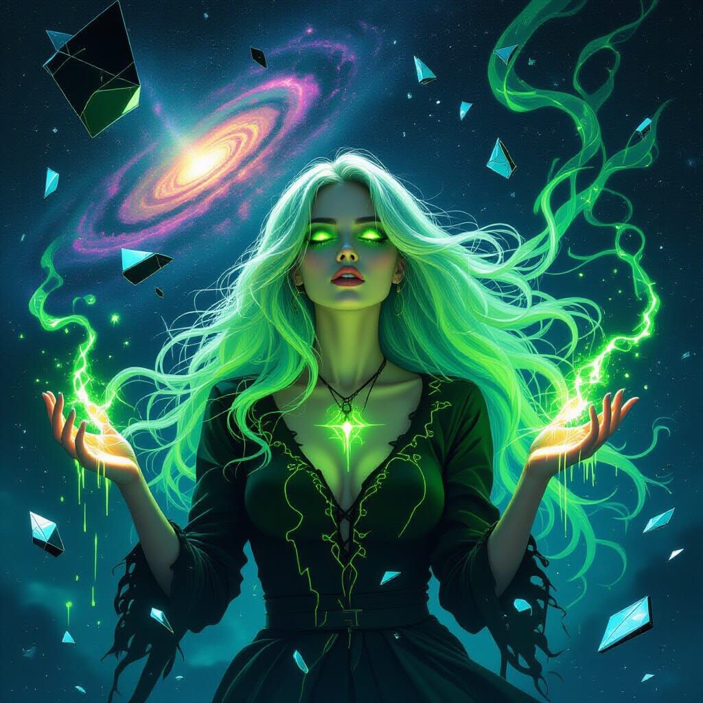 Cosmic Serpent Woman in Neon Starfield