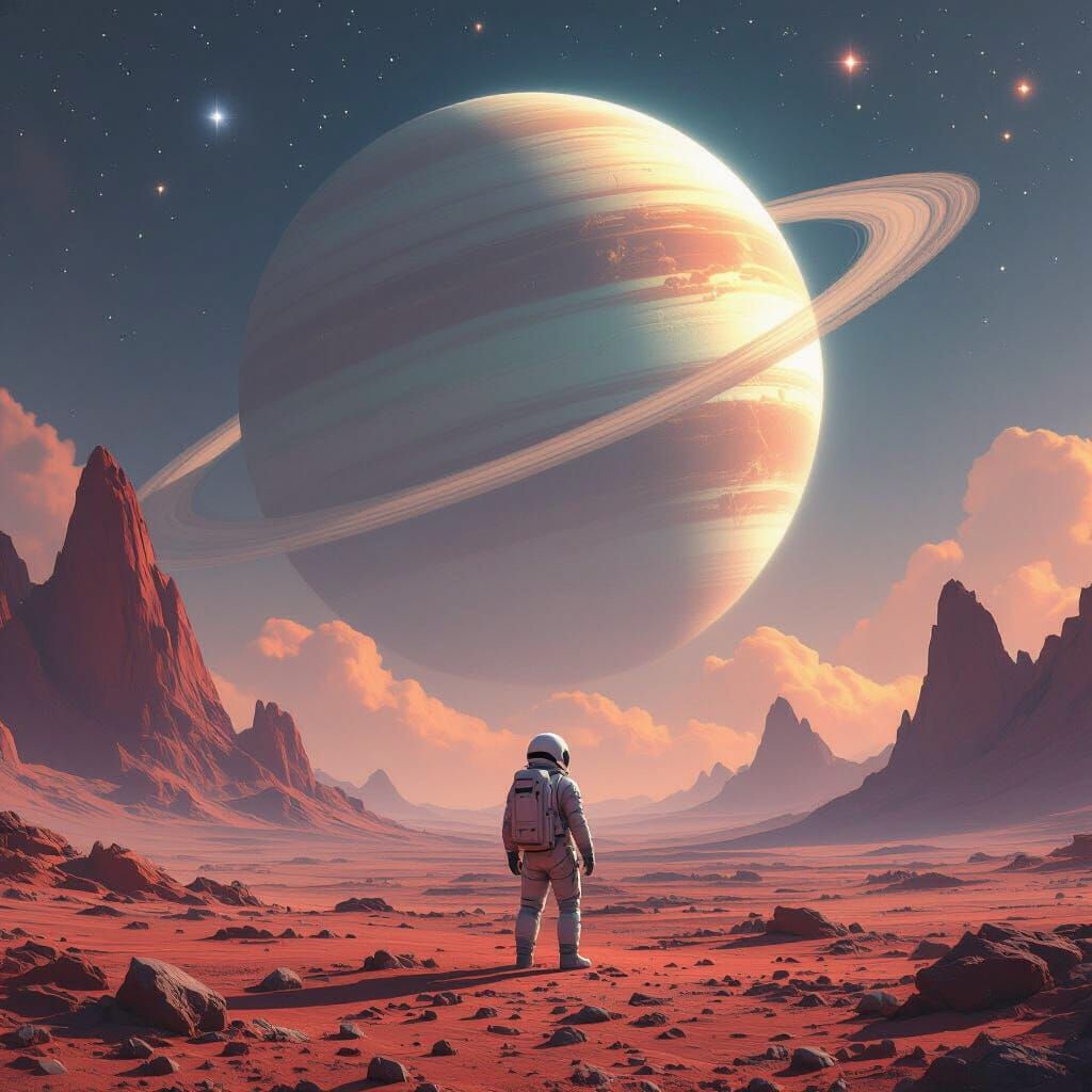 Astronaut on Crimson Planet Gazing at Ringed Gas Giant