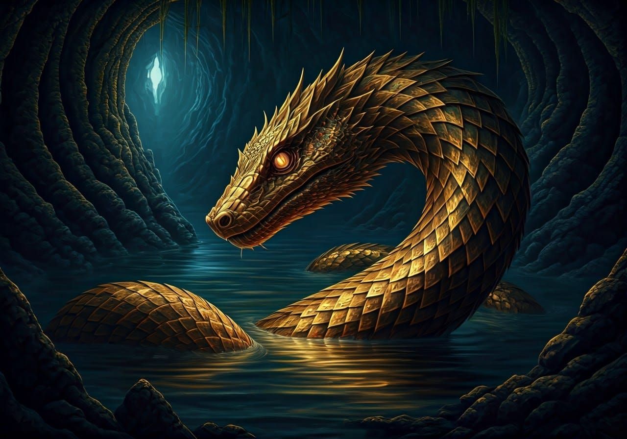 Majestic Jeweled Serpent in Dark Fantasy Grotto