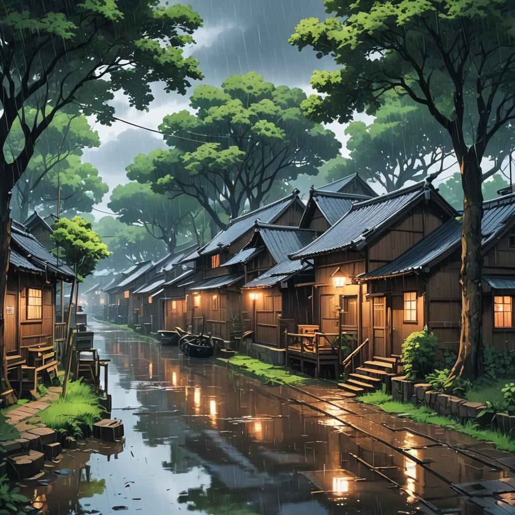 Rainy Village Canal Scene in Anime Style