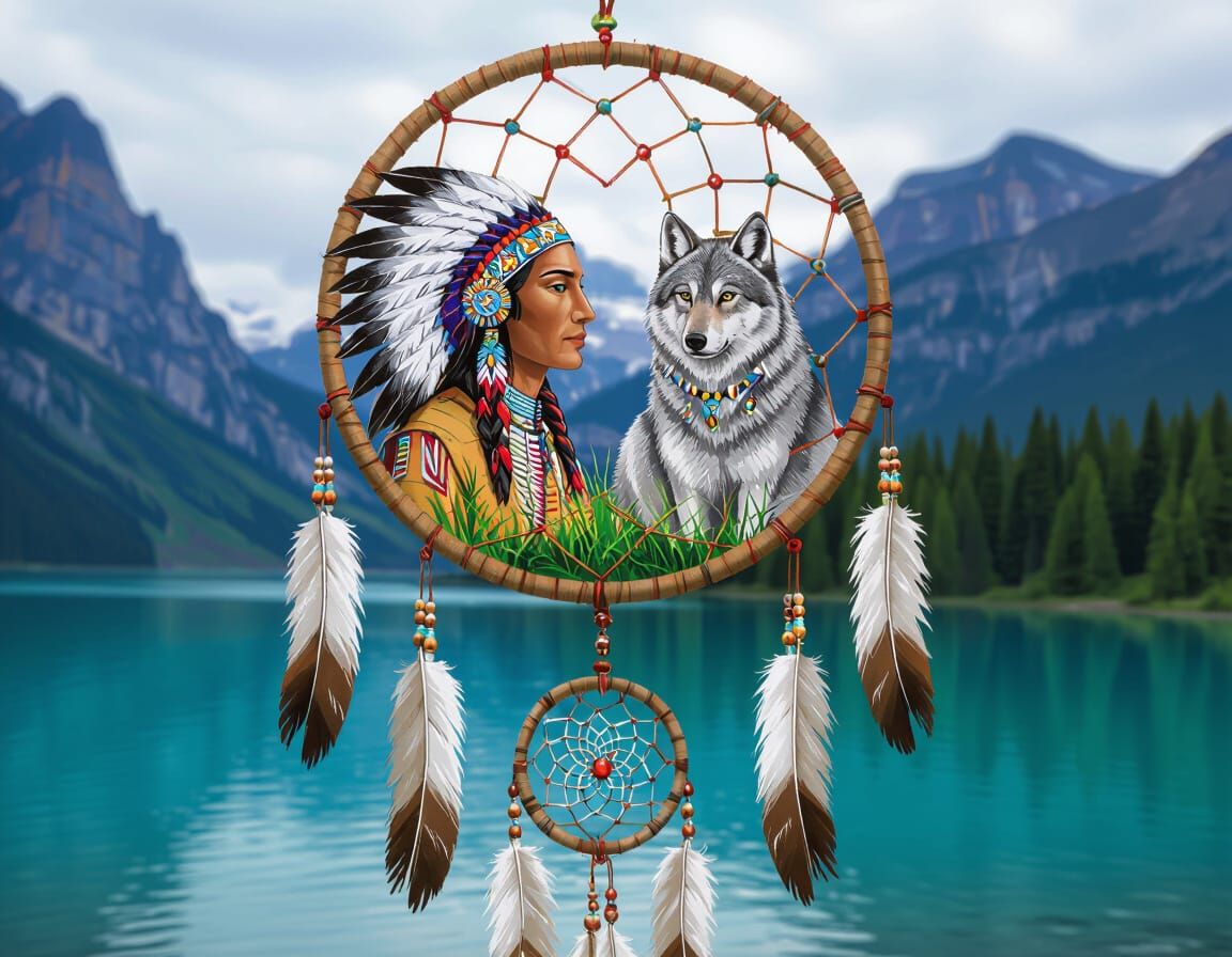 Native American and Wolf Dreamcatcher by Lake