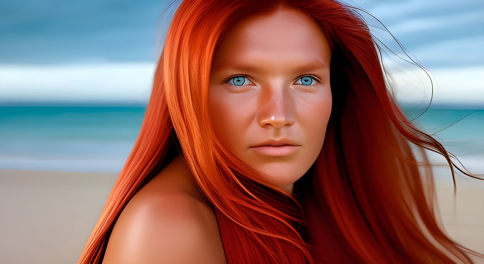 Portrait of Red-Haired Woman on Sunset Beach