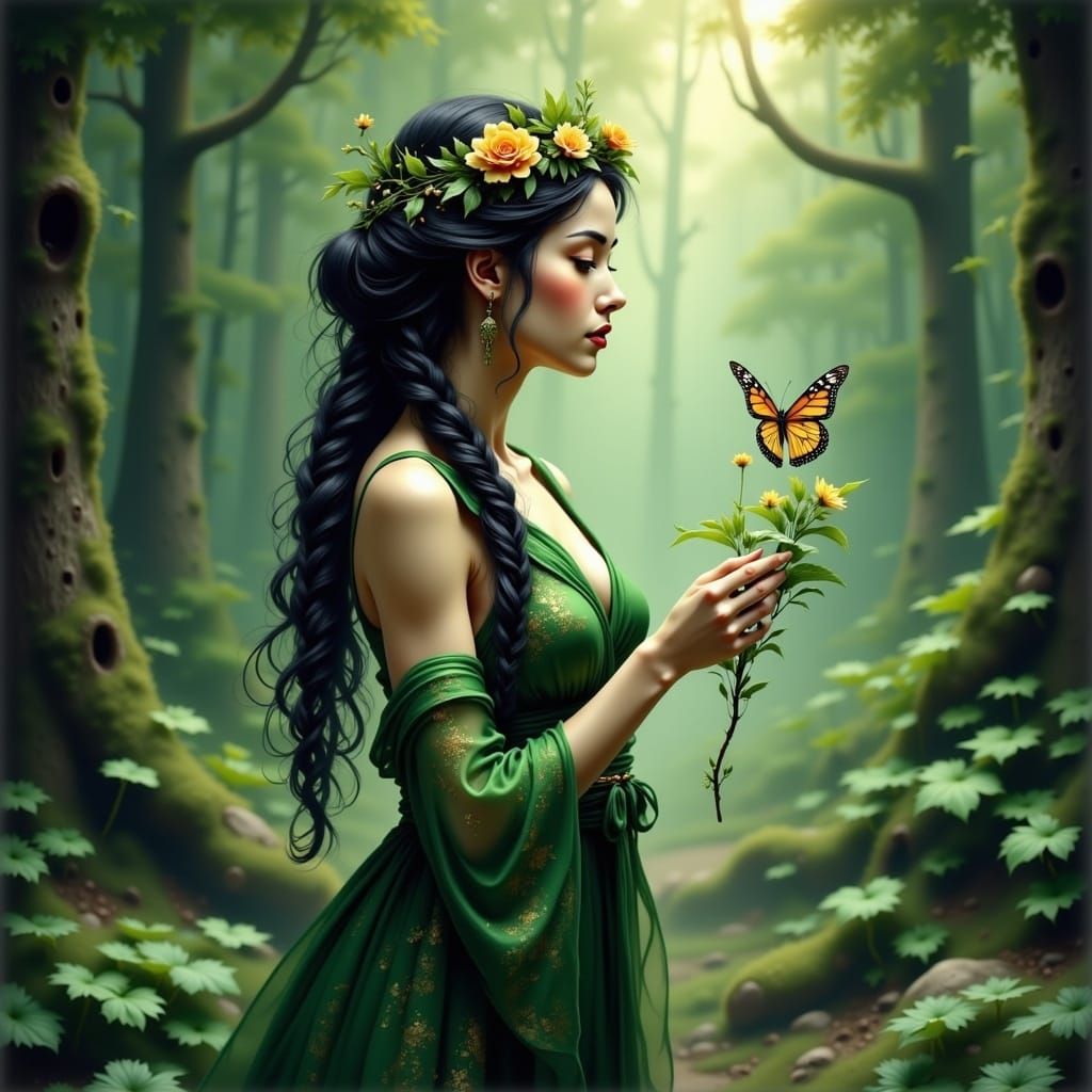 Woman with Butterfly in Mystical Forest