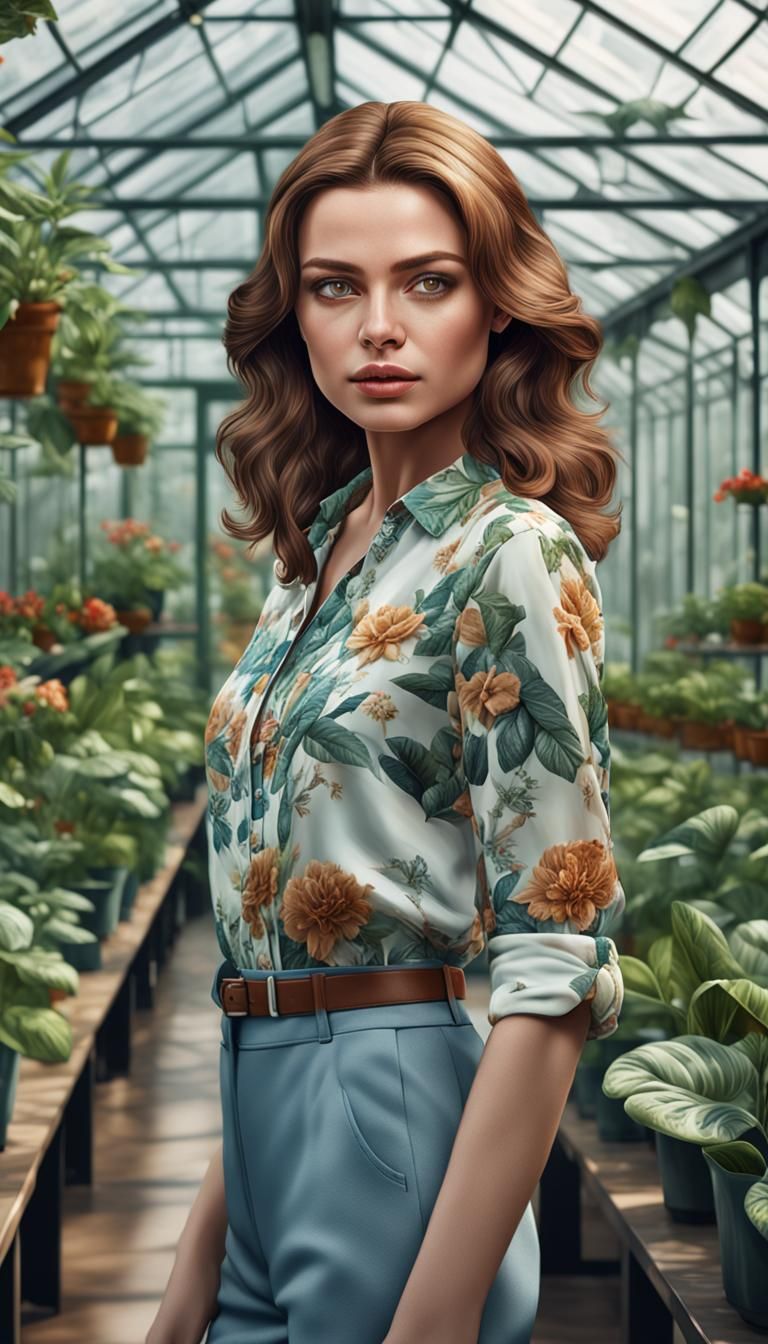 Beautiful Woman in Greenhouse: Hyperrealistic Digital Portra...