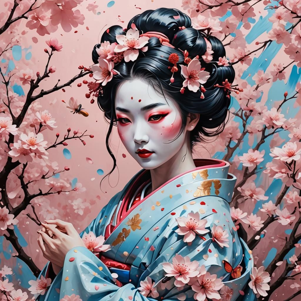 Sakura Petal Geisha in Collage Art