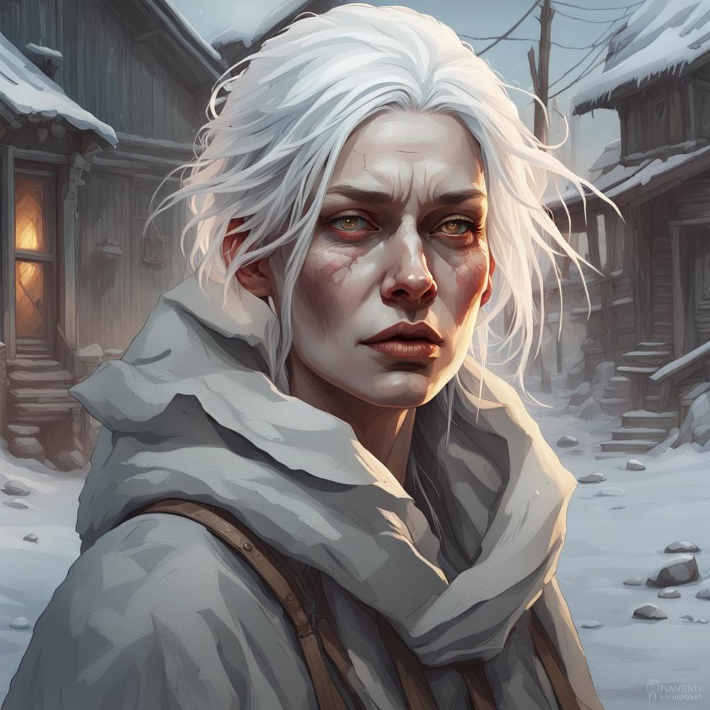 Icy Slavic Woman in Ghost Town, Hyperdetailed Art