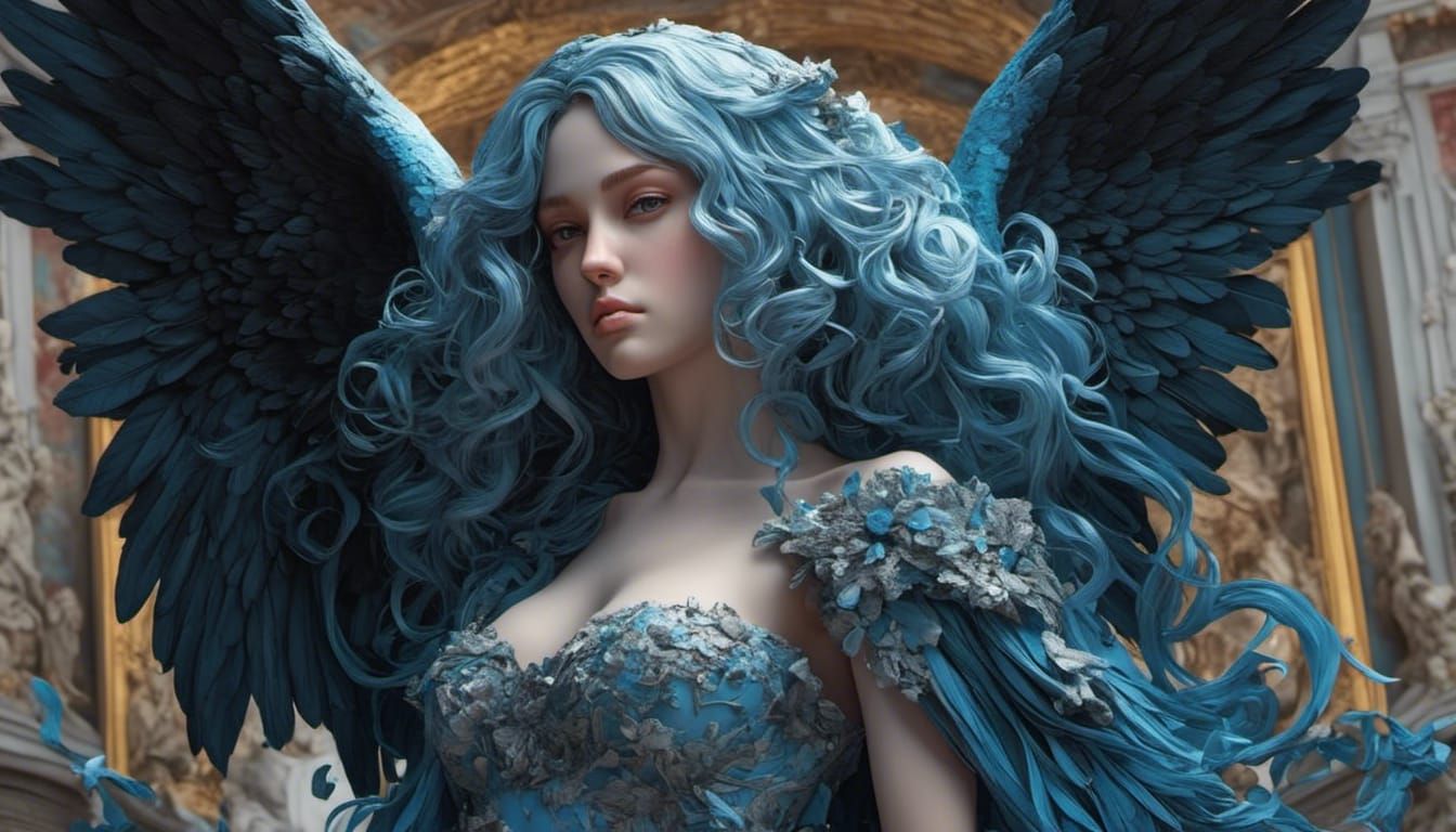 Fallen Angel with Blue Hair, Hyperrealistic Digital Art