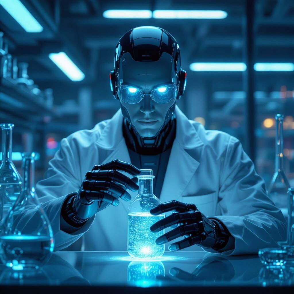 Robotic Scientist in Futuristic Neon Laboratory