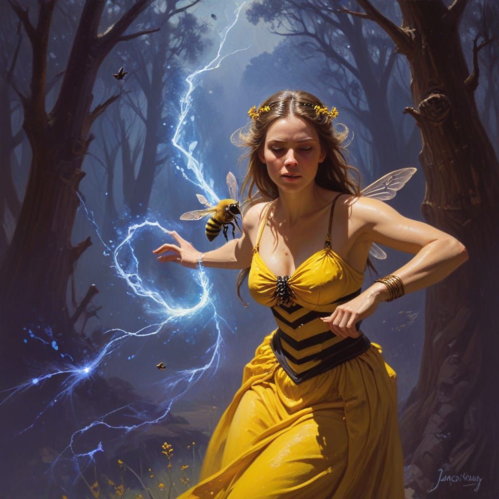 Bee Sorceress Casting Spell in Oil Painting Style