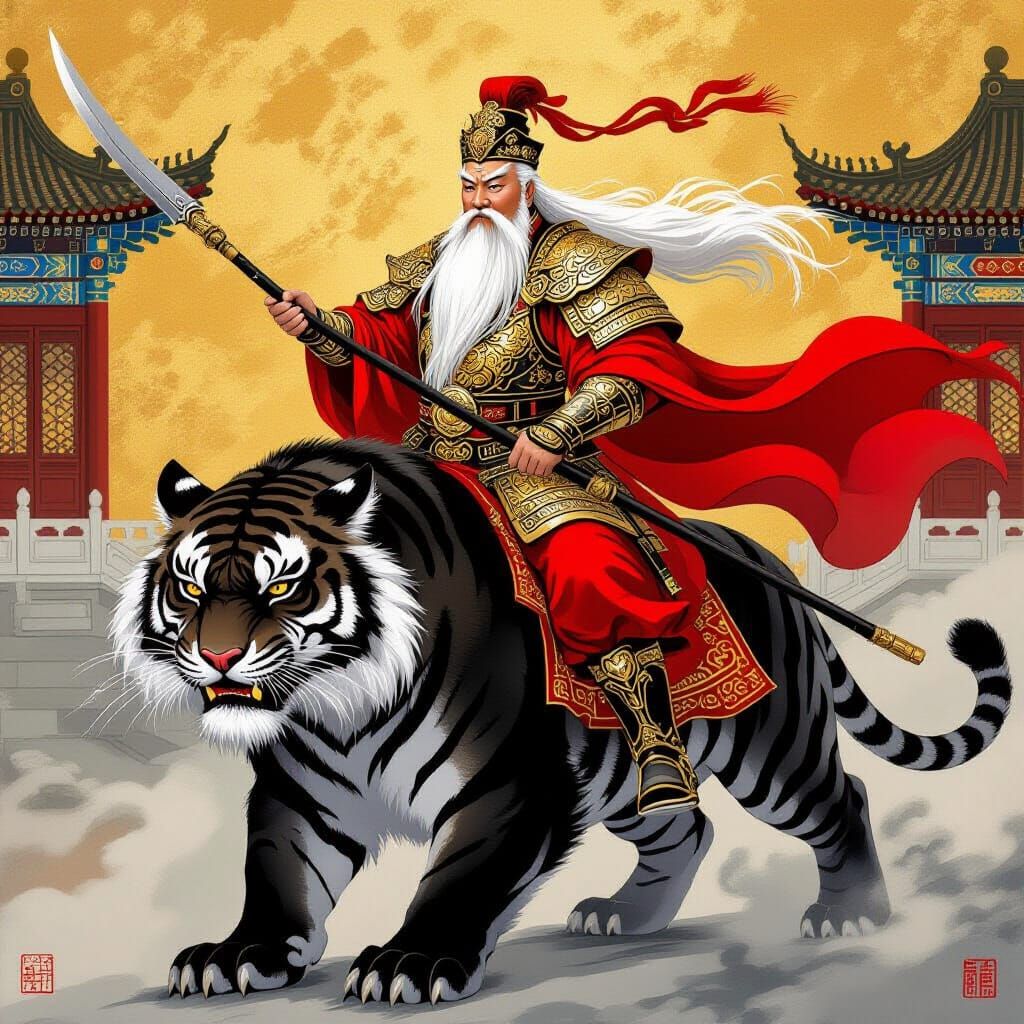 Chinese General on Tiger, Traditional Painting Style