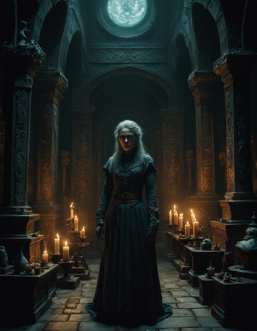 Mysterious Sorceress in Arcane Chamber: Cinematic Film Still
