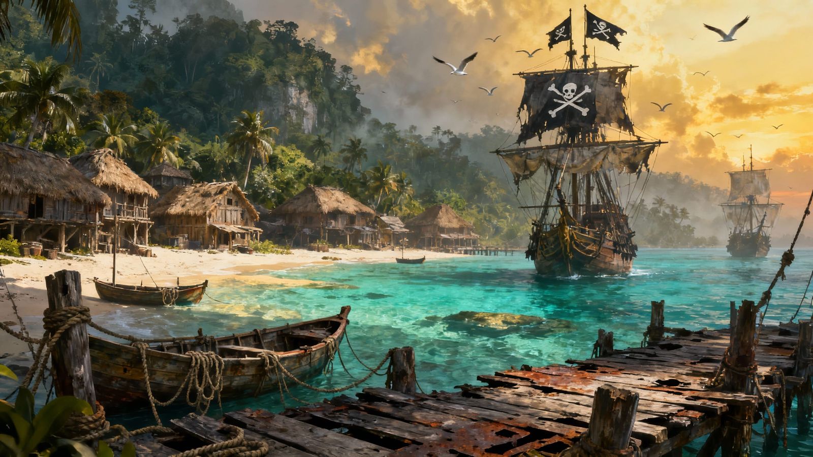 Pirate Cove Fantasy Matte Painting with Ships