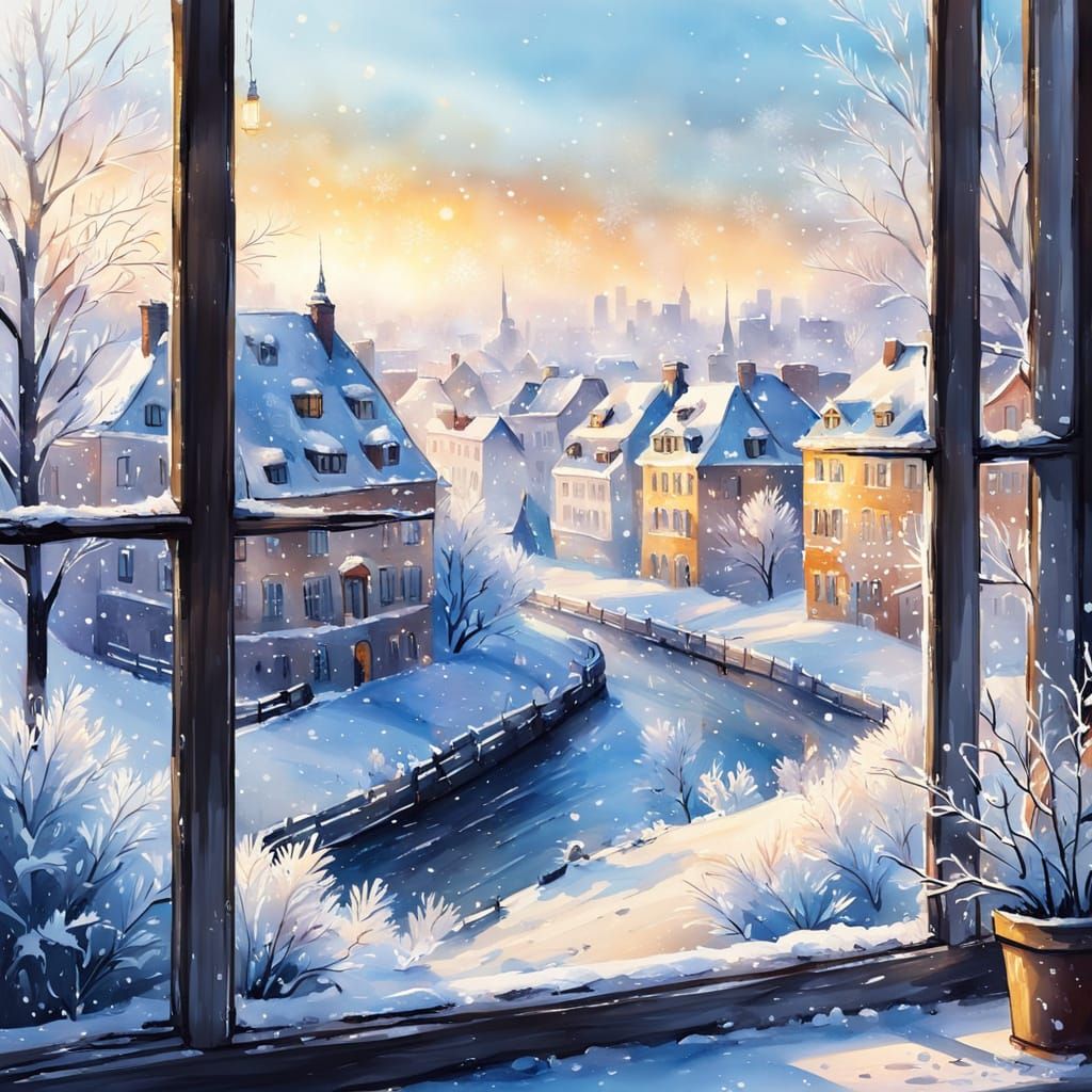 City Winter Scene Through Frosty Window in Watercolor Style